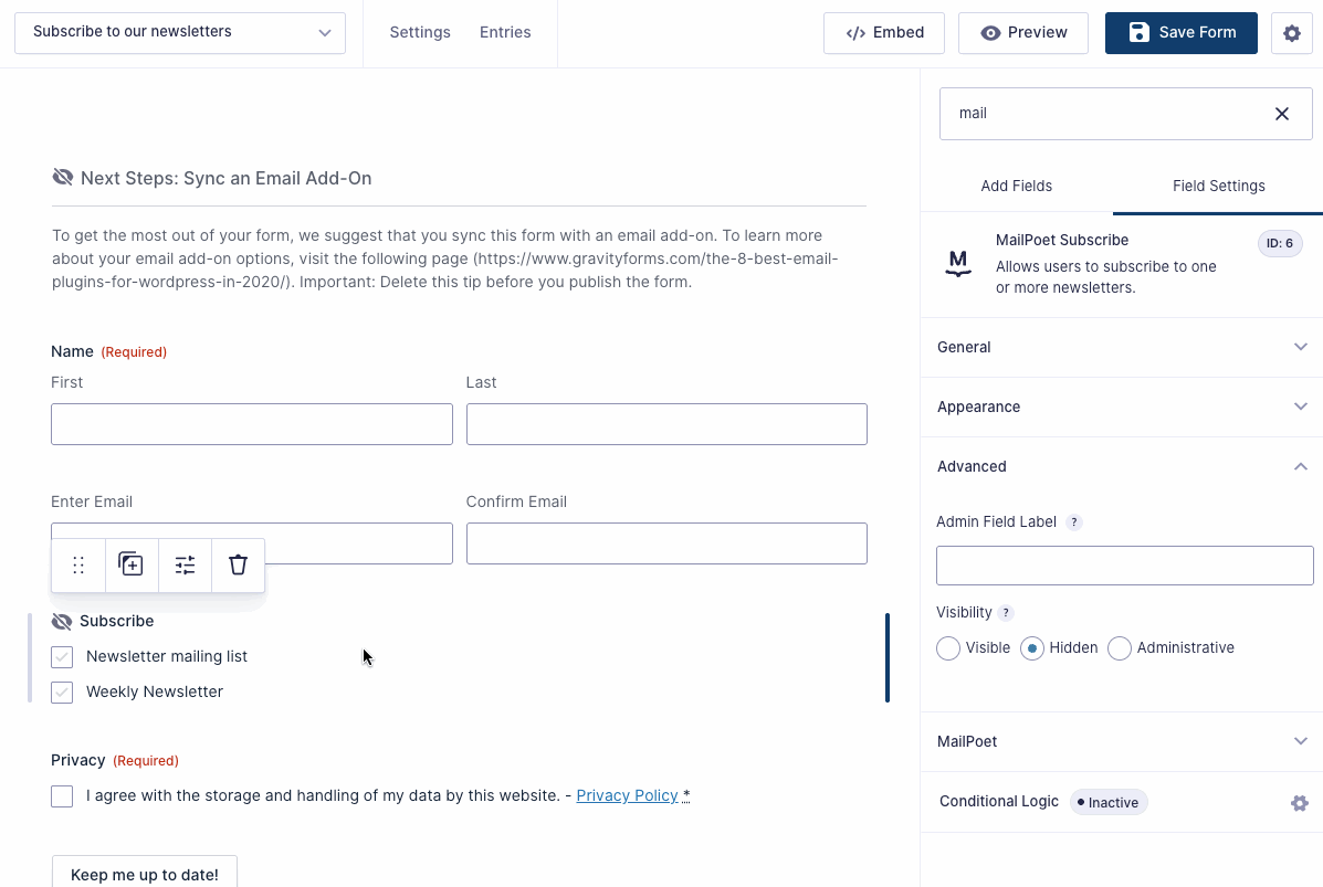Animation showing Conditional Logic being applied on the Subscribe field to require the Privacy field to be selected.