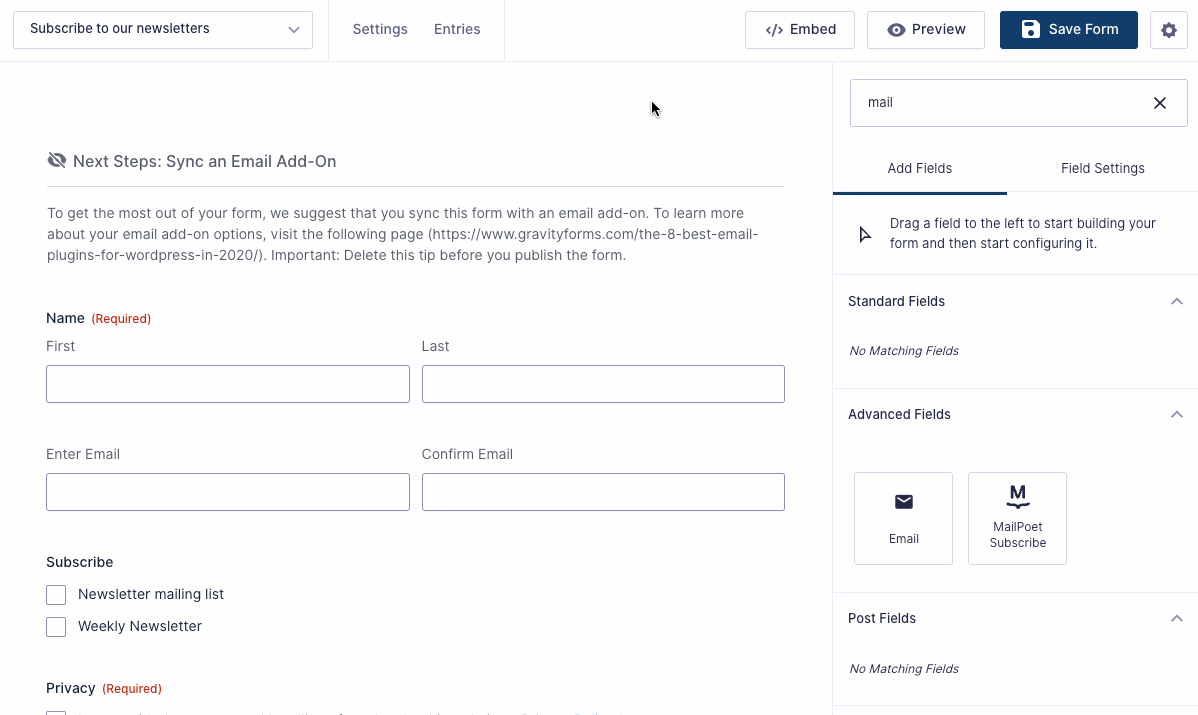 Animation showing the Subscribe field made hidden. The checkboxes appear checked.