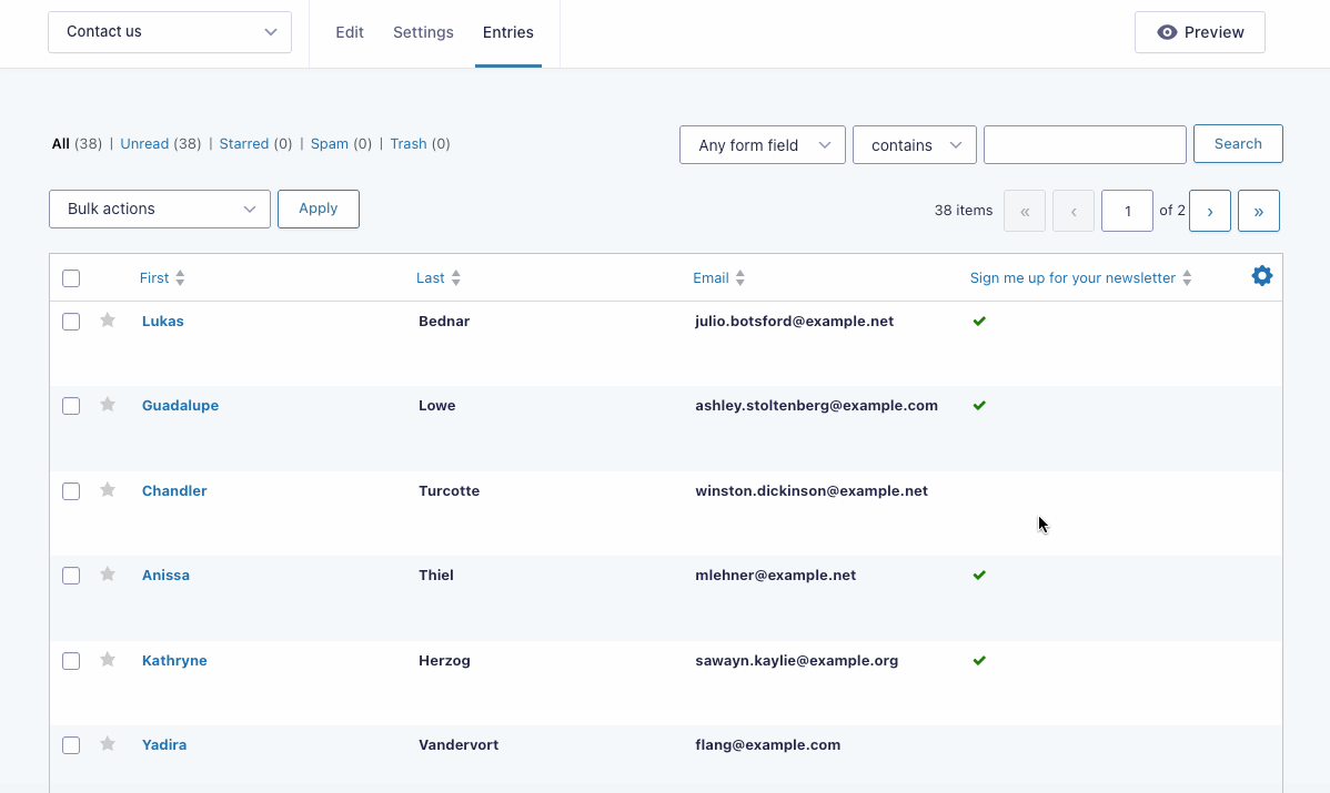 A condition is applied to select only entries which have opted in. The count goes from 38 to 27 entries.