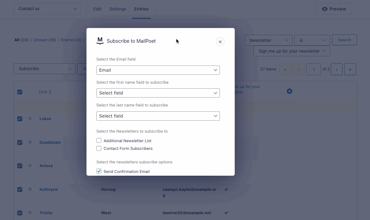 Here, we select name fields, choose a newsletter to subscribe to, and disable notification options.